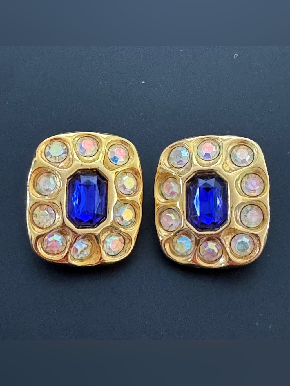 Opulent French Colbolt Blue Glass Cabonchon Stones Gold-Tone AB Crystal Earrings